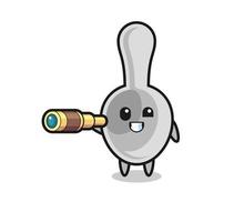 cute spoon character is holding an old telescope