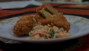 This is home cooking, Chicken Cordon bleu or schnitzel cordon bleu is a dish of chicken meat wrapped in cheese, then breaded and fried. photo