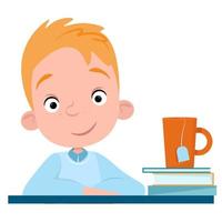 Red-haired boy pupil smiling and side view of a book and a cup vector