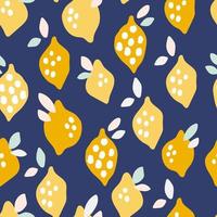 Fresh yellow vector lemons on blue background. Summer design in Hand drawn style. Seamless pattern with citrus fruits for wallpaper or fabric