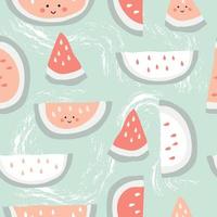 Cute smiling watermelons on green abstract background. Seamless pattern with fruits for the kitchen. vector