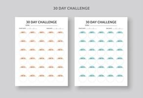 Hojas de planificador de desafíos de 30 días con objetivo, rastreador de hábitos de 30 días vector