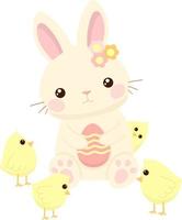 Cartoon easter bunny with easter egg and little chicks. Vector illustration