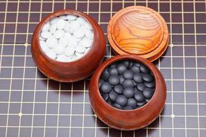 black and white go game stones in wood bowls photo