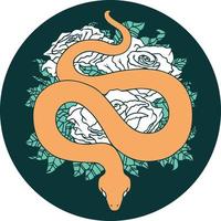 iconic tattoo style image of snake and roses vector