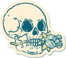 icónica imagen de estilo de tatuaje de pegatina angustiada de una calavera y una rosa vector