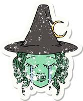 grunge sticker of a crying half orc witch character face vector