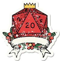 grunge sticker of a natural 20 critical hit D20 dice roll vector