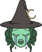 Retro Tattoo Style crying half orc witch character face vector