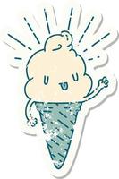 worn old sticker of a tattoo style ice cream character waving vector