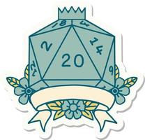 sticker of a natural 20 critical hit D20 dice roll vector