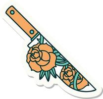 sticker of tattoo in traditional style of a dagger and flowers vector