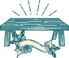 scroll banner with tattoo style wood table vector