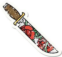 distressed sticker tattoo in traditional style of a dagger and flowers vector