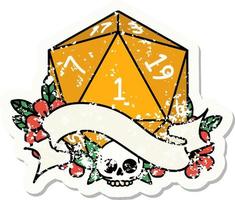 grunge sticker of a natural one d20 dice roll vector