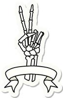 tattoo style sticker with banner of a skeleton giving a peace sign vector