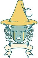 Retro Tattoo Style crying elf mage character face wiht banner vector