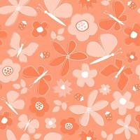 Abstract floral print with butterflies and ladybugs. Vector graphics.