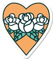 sticker of tattoo in traditional style of a heart and flowers vector