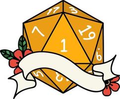 Retro Tattoo Style natural one d20 dice roll vector