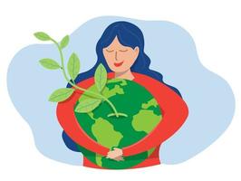 energía ecológica verde del día mundial de la tierra, mujer joven que abraza el planeta tierra con el día mundial de la tierra y salva el concepto del planeta de conservación, protección y consumo razonable de recursos naturales.