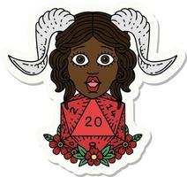 sticker of a tiefling with D20 natural twenty dice roll vector