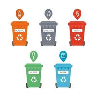 Five waste sorting bins labeled according to the colors of the waste vector