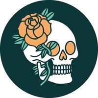 imagen icónica de estilo tatuaje de una calavera y una rosa vector