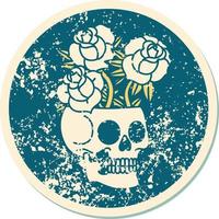 icónica imagen angustiada de estilo tatuaje de una calavera y rosas vector