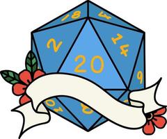 Retro Tattoo Style natural twenty D20 dice roll vector