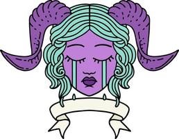 estilo de tatuaje retro llorando cara de personaje tiefling con pancarta de desplazamiento vector