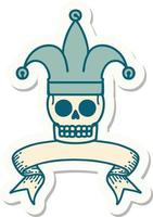 tattoo style sticker with banner of a skull jester vector