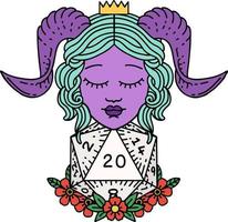 Retro Tattoo Style tiefling with natural twenty d20 dice roll vector