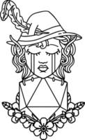 Black and White Tattoo linework Style crying elf bard character with natural one D20 roll vector