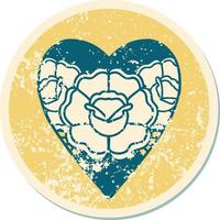 iconic distressed sticker tattoo style image of a heart and flowers vector