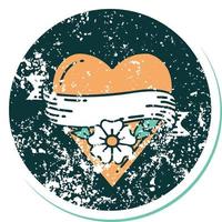 icónica imagen de estilo de tatuaje de pegatina angustiada de una flor de corazón y pancarta vector