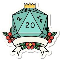 pegatina de una tirada de dados d20 de 20 golpes críticos naturales vector