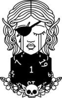 Black and White Tattoo linework Style crying elf rogue character face with natural one D20 roll vector