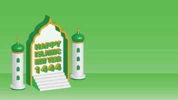 Happy Islamic New Hijri Year 1444 with 3D Green Mosque Silhouette and copy space isolated on Green Background. Islamic New Year 1444 Hijriyah 3D Text Effect. vector