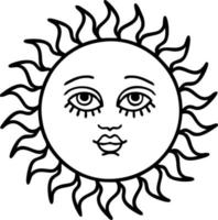 tattoo in black line style of a sun with face vector