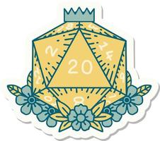 sticker of a natural 20 D20 dice roll with floral elements vector