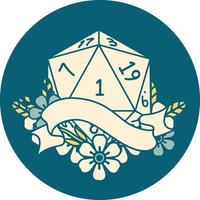 Retro Tattoo Style natural one d20 dice roll vector