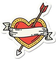 sticker of tattoo in traditional style of an arrow heart and banner vector