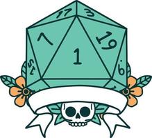 Retro Tattoo Style natural one d20 dice roll vector