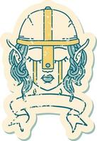 Retro Tattoo Style crying elf fighter character face with banner vector