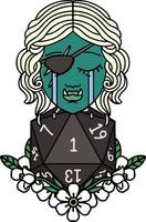 Retro Tattoo Style crying half orc rogue character with natural one D20 roll vector