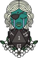 Retro Tattoo Style crying half orc rogue character with natural one D20 roll vector