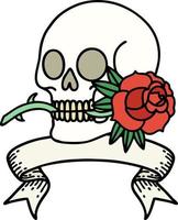 traditional tattoo with banner of a skull and rose vector