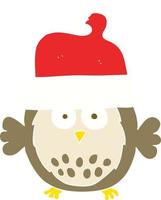 flat color illustration of owl wearing christmas hat vector