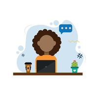 a dark - skinned girl is sitting at a computer at home . freelancer with a cup of coffee . it 's cozy to work . multitasking... vector